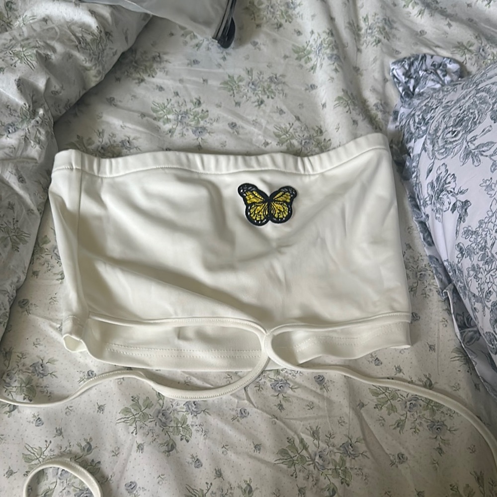 White Butterfly Embroidered Tube Top